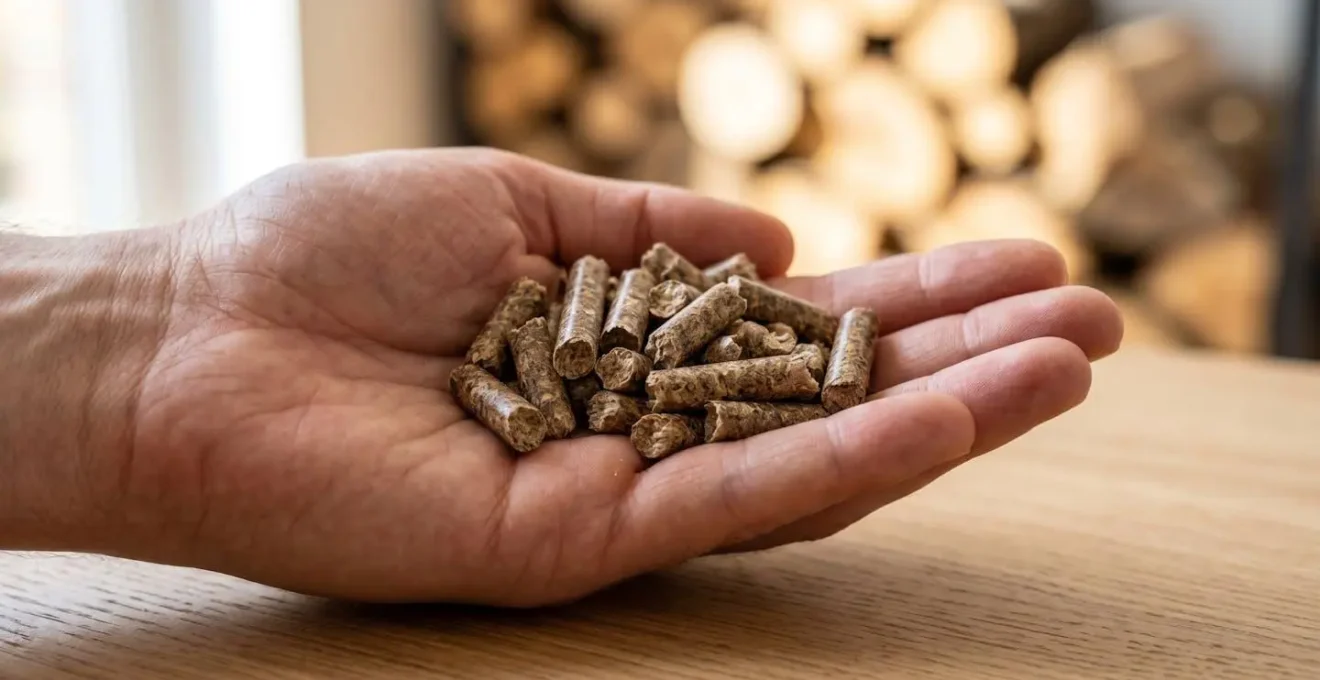 Gros plan sur des granulés de bois tenus dans une main, avec des bûches floutées en arrière-plan, lumière naturelle latérale