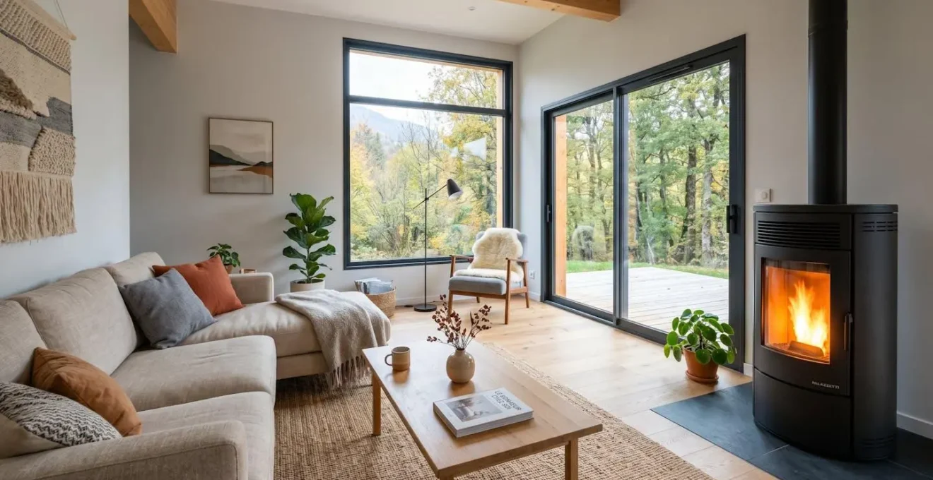 Salon contemporain lumineux avec un poêle hybride installé, flamme visible à travers la vitre, décoration épurée et lumière naturelle entrant par de larges fenêtres