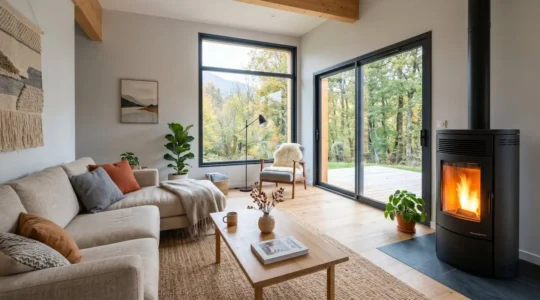 Salon contemporain lumineux avec un poêle hybride installé, flamme visible à travers la vitre, décoration épurée et lumière naturelle entrant par de larges fenêtres