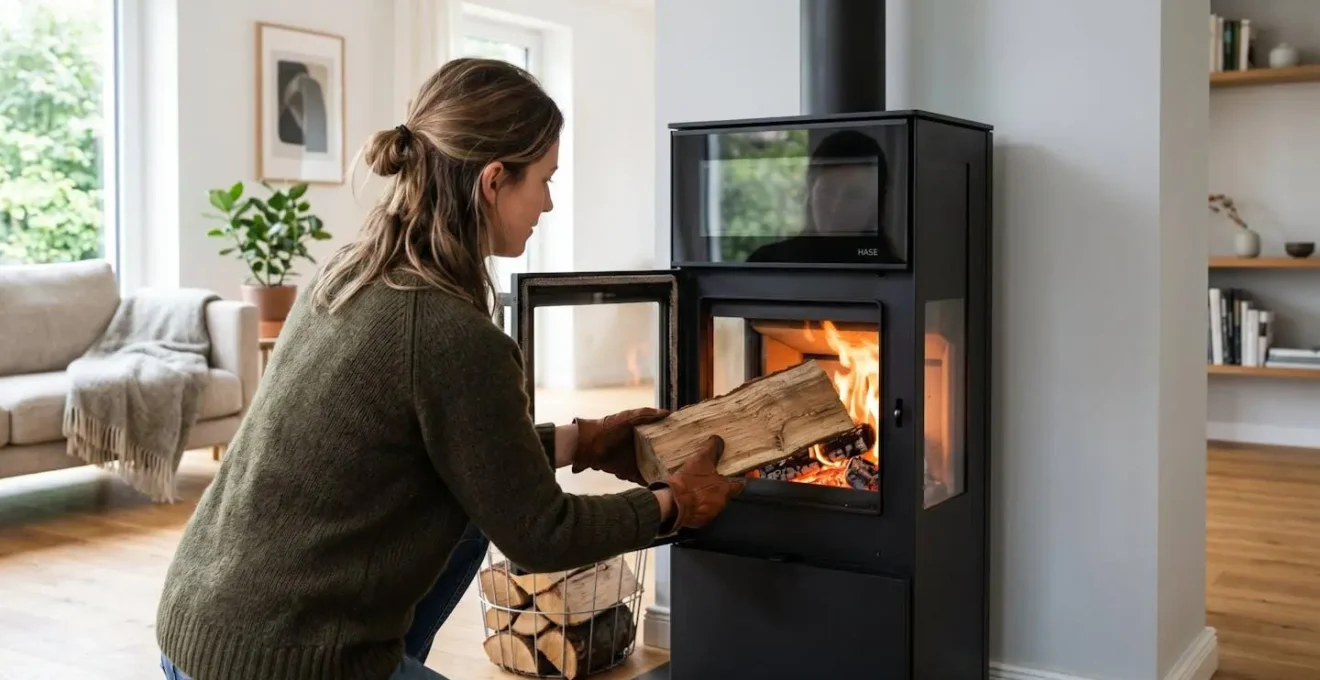 Personne vue de dos ouvrant la porte d'un poêle hybride pour ajouter une bûche, geste naturel, intérieur contemporain lumineux